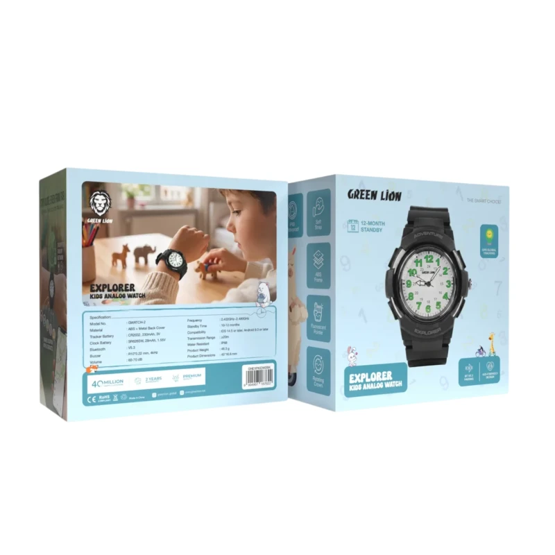 ساعة أطفال Green Lion Explorer بعقارب ووظيفة العثور – أسود
