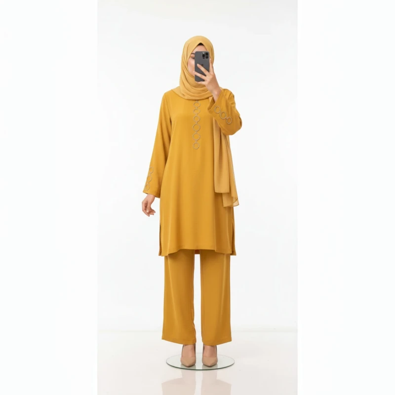 طقم نسائي شرعي بتونيك طويل وبنطال بوت كات – طول 120 سم